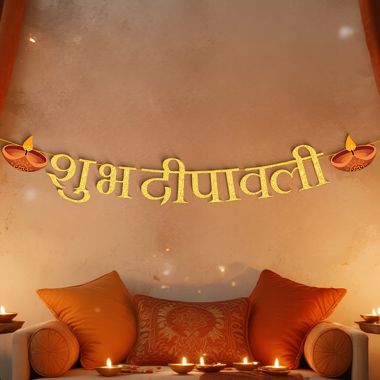 디왈리 파티 장식 해피 디왈리 골드 글리터 배너, 인도 - Lighting Decor For Diwali 리뷰 및 가격